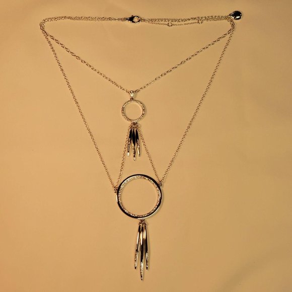 BCBGeneration Layered Circle Silver Necklace w/ rhinestones, Lobster claw clasp - Picture 4 of 9